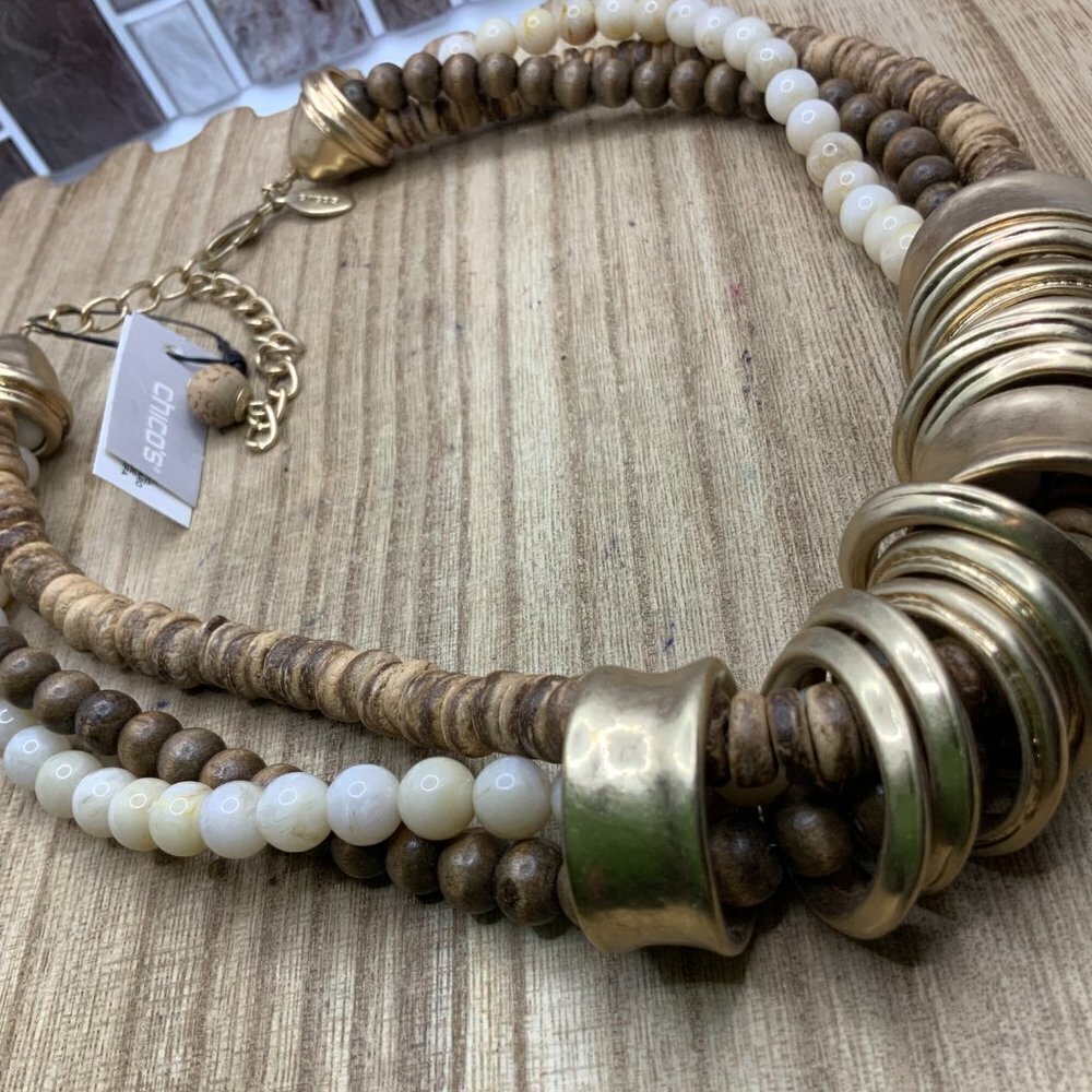 Chico's NWT Beaded Neutral Gold Tone Ring Bib Necklace - Picture 5 of 8